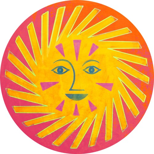 Colorful illustrated sun face for Here Comes the Sun